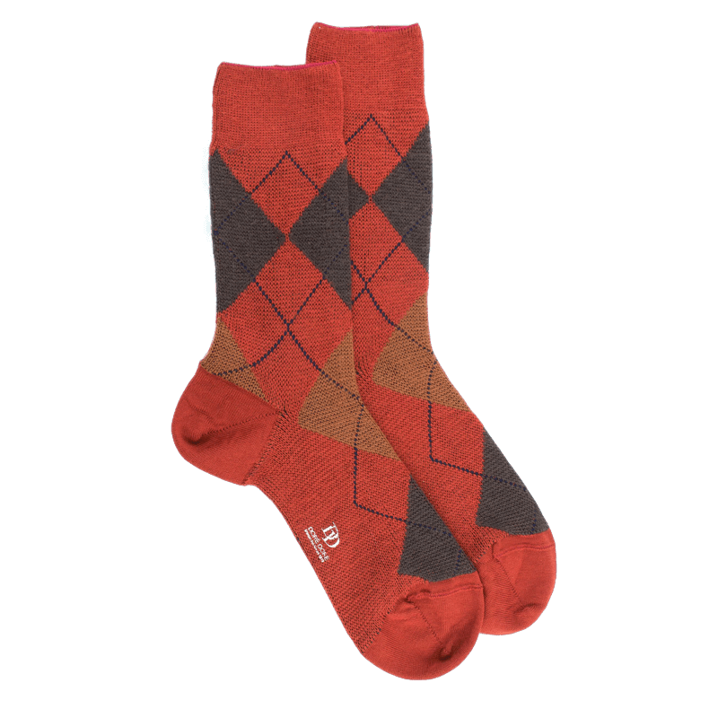 doré doré Chaussettes homme en laine mérinos à motif à losanges - Orange henné & Orange écureuil