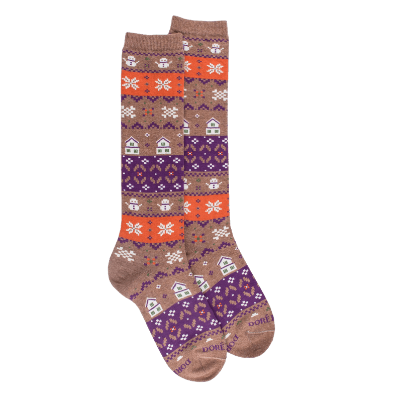 doré doré Chaussettes longues en coton pour femmes avec motif grec de Noël - Marron Caille