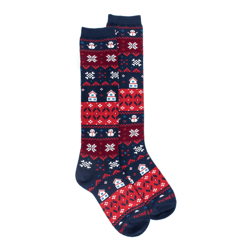 doré doré Chaussettes longues en coton pour femmes avec motif grec de Noël - Bleu Voilier