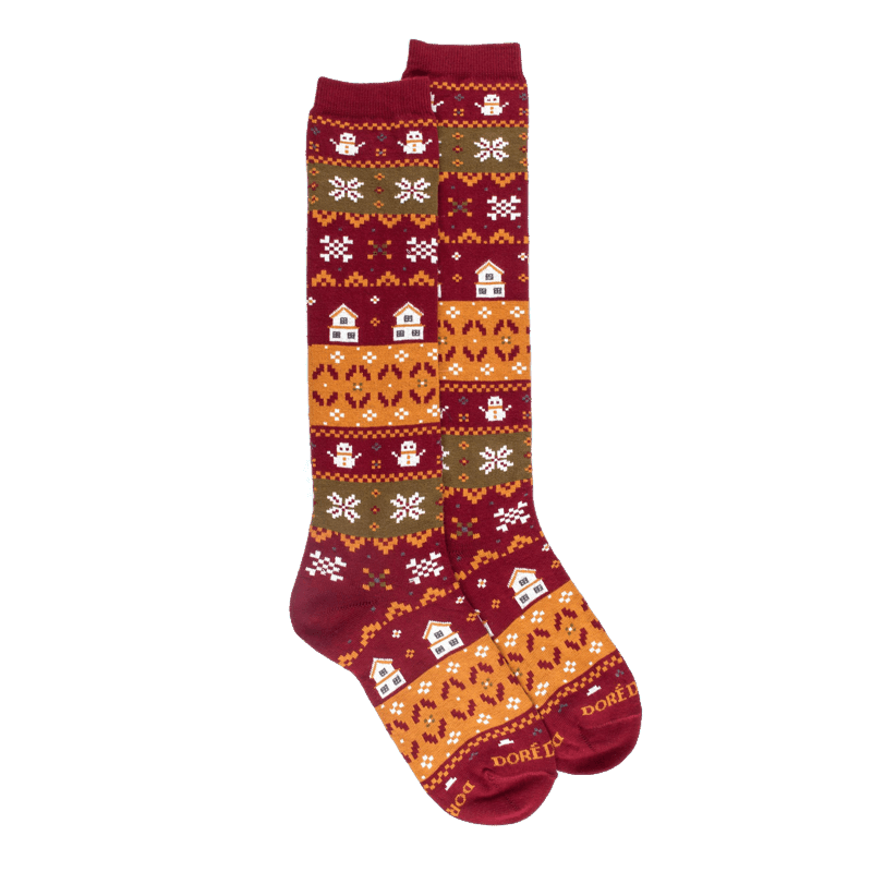 doré doré Chaussettes longues en coton pour femmes avec motif grec de Noël - Rouge amarante