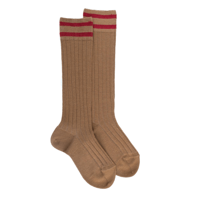 doré doré Chaussettes longues en laine unie côtelée pour enfants avec deux bandes sur le bord - Camel