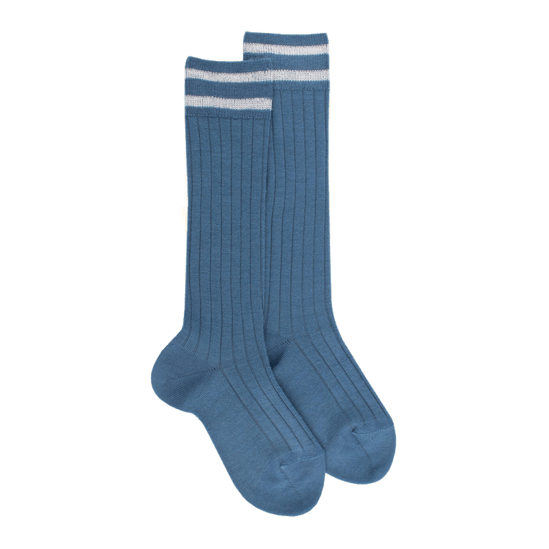 doré doré Chaussettes longues en laine unie côtelée pour enfants avec deux bandes sur le bord - Bleu Macadam