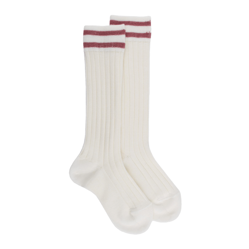 doré doré Chaussettes longues en laine unie côtelée pour enfants avec deux bandes sur le bord - Écru