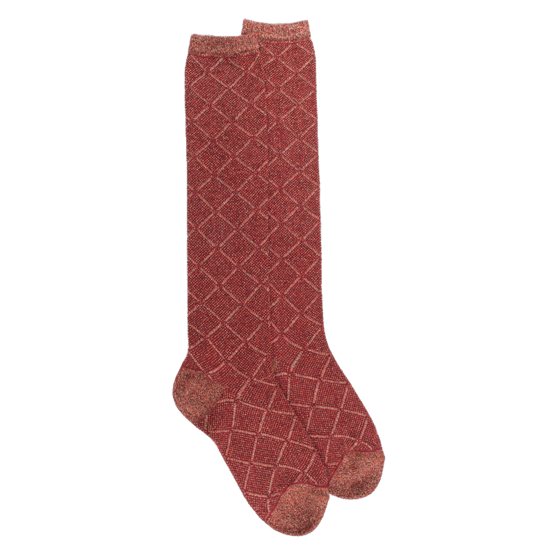 Doré Doré Chaussettes Longues Pour Femmes En Coton égyptien Et Cachemire Avec Effet Brillant à Motifs De Diamants - Rouge Griotte