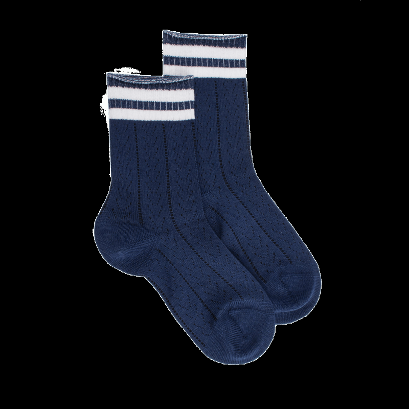 doré doré Chaussettes pour enfants ajourées en fil d'Ecosse - Bleu Voilier & Blanc