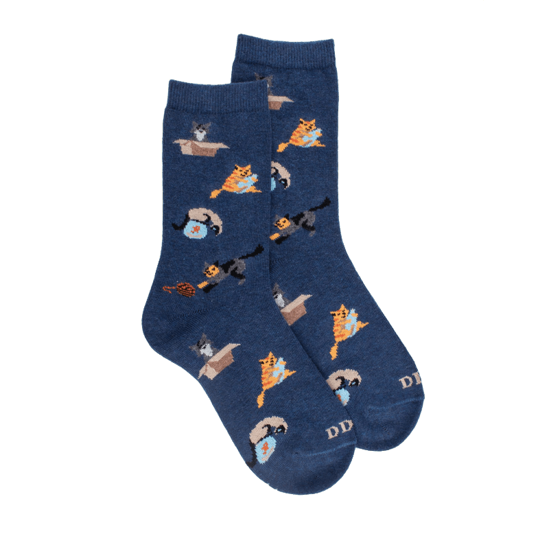 doré doré Chaussettes pour enfants en coton à motifs de chats - Bleu pêcheur
