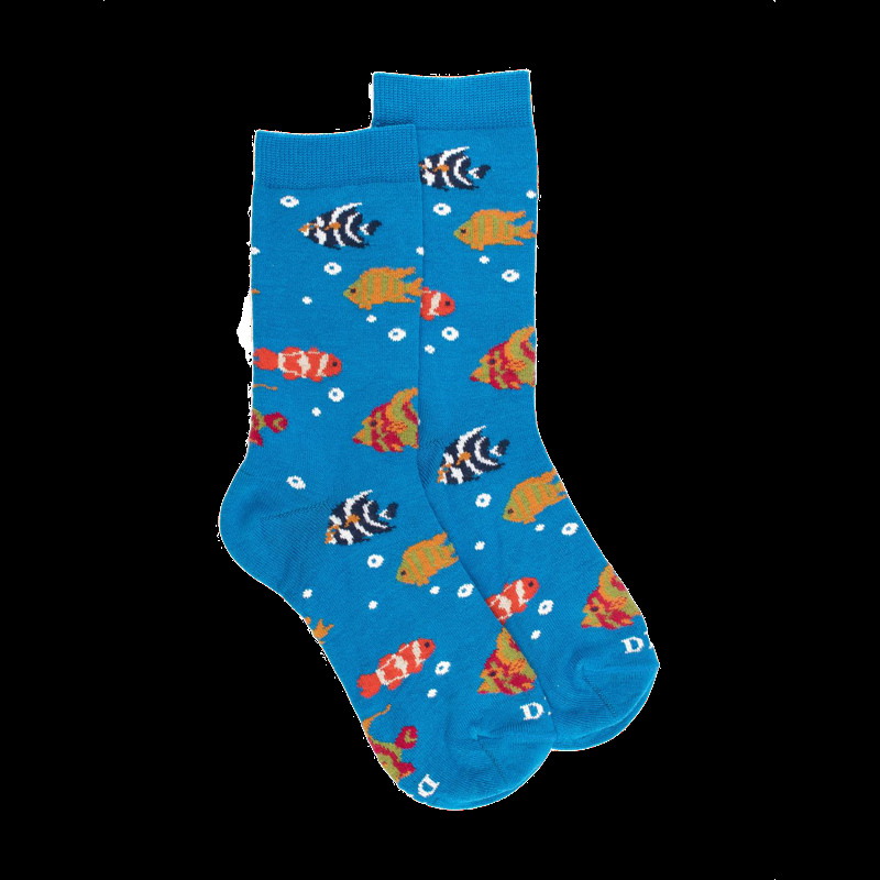 doré doré Chaussettes pour enfants en fil d'Ecosse avec motifs de poissons colorés - Bleu