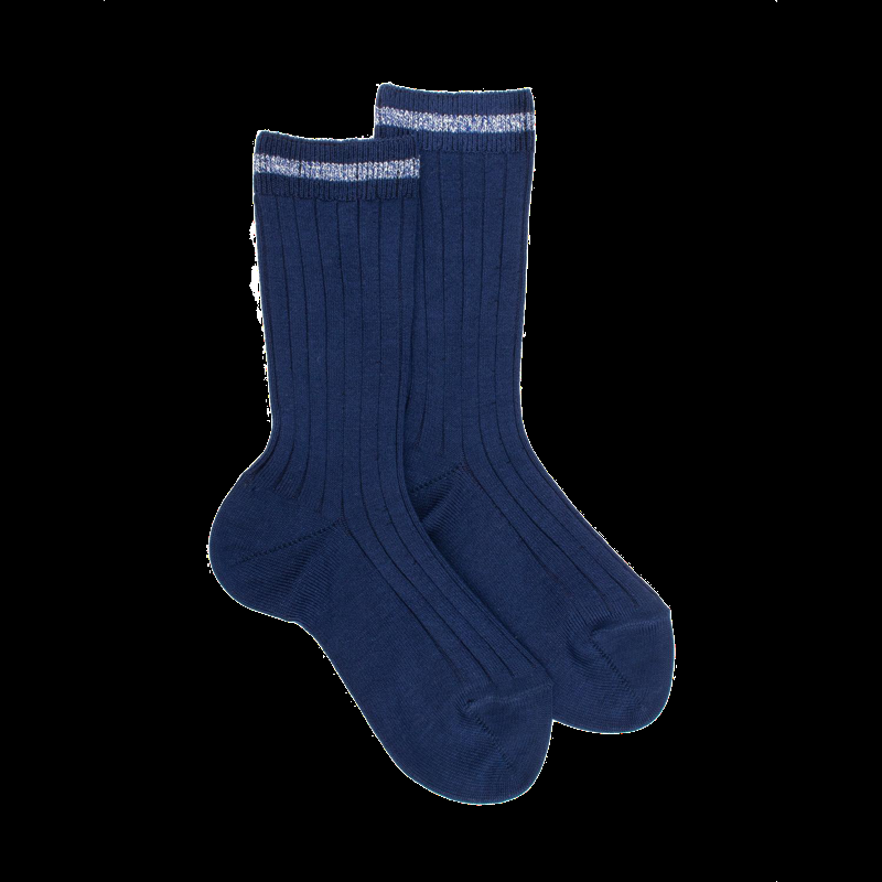 doré doré Chaussettes pour enfants en fil d'Ecosse uni et côtelé - Bleu Voilier