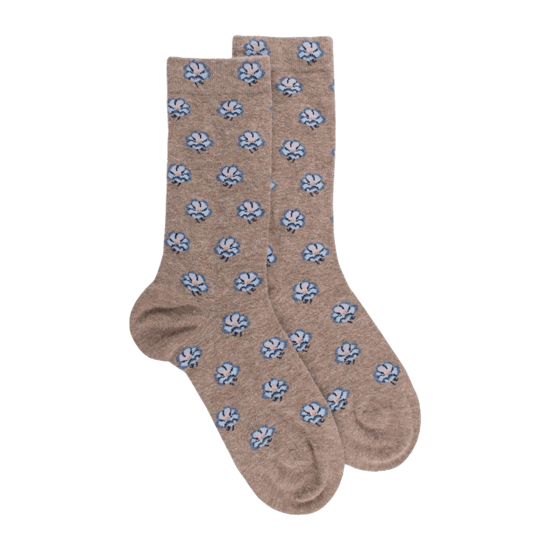 doré doré Chaussettes pour femmes en angora et coton avec motifs de fleurs à sept pétales - Beige capuccino