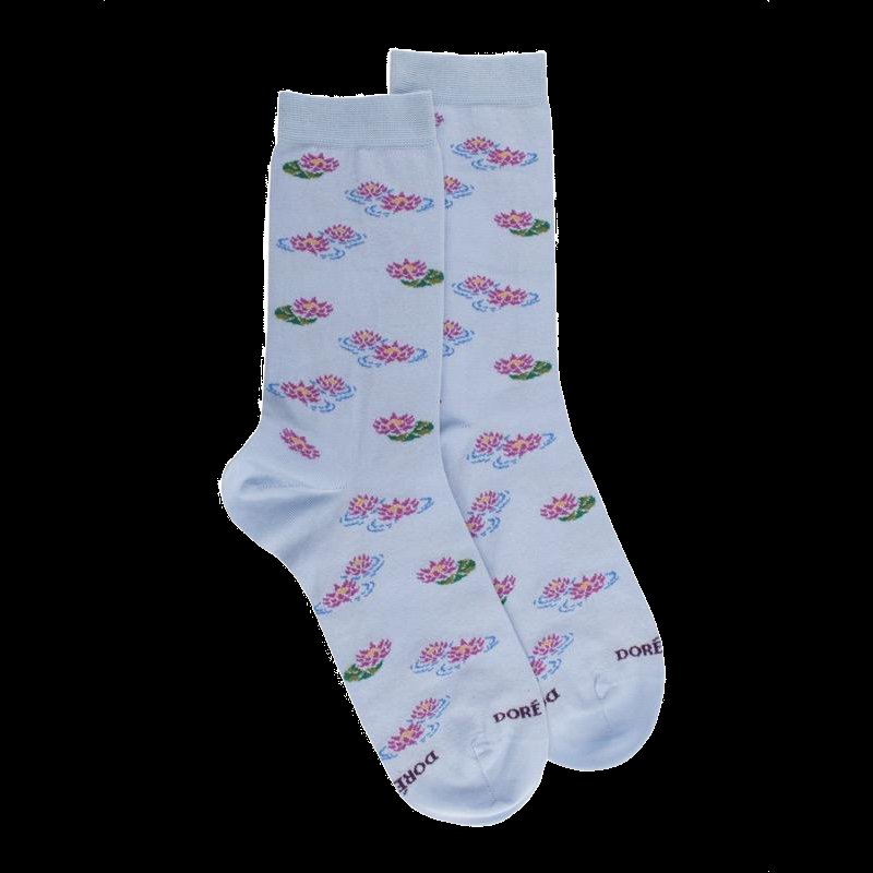 doré doré Chaussettes pour femmes en fil d'Ecosse à motifs de nénuphars - Bleu Vague