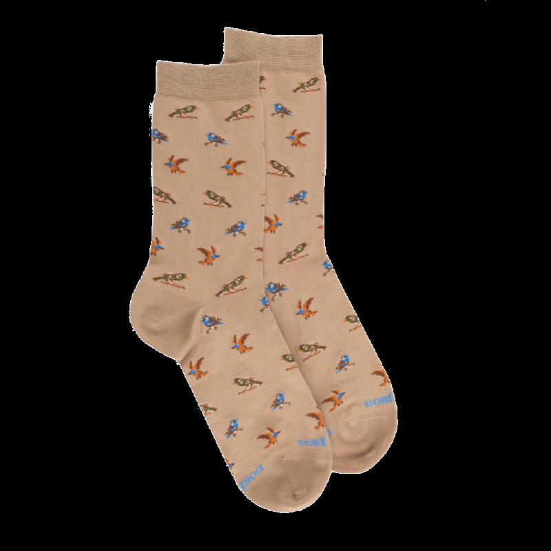 doré doré Chaussettes pour femmes en fil d'Ecosse à motifs de chardonnerets - Beige Grège
