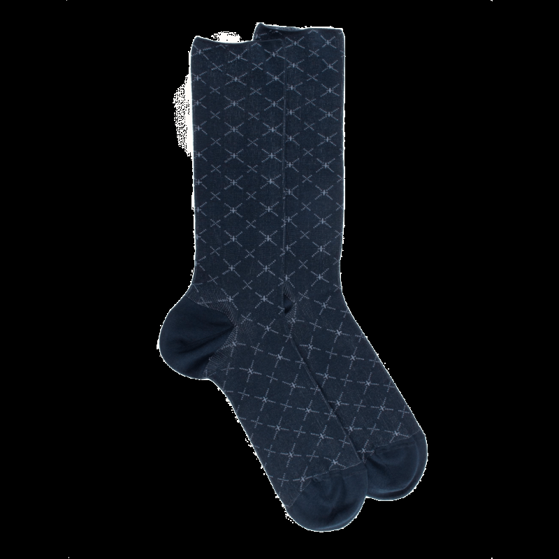 doré doré Chaussettes pour hommes en fil d'Ecosse à motifs géométriques sans tricot élastique - Bleu Matelot
