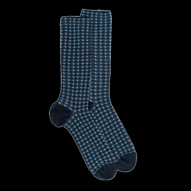 doré doré Chaussettes pour hommes en fil d'Ecosse à motifs géométriques - Bleu Matelot