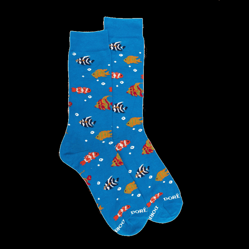doré doré Chaussettes pour hommes en fil d'Ecosse avec motifs de poissons colorés - Bleu