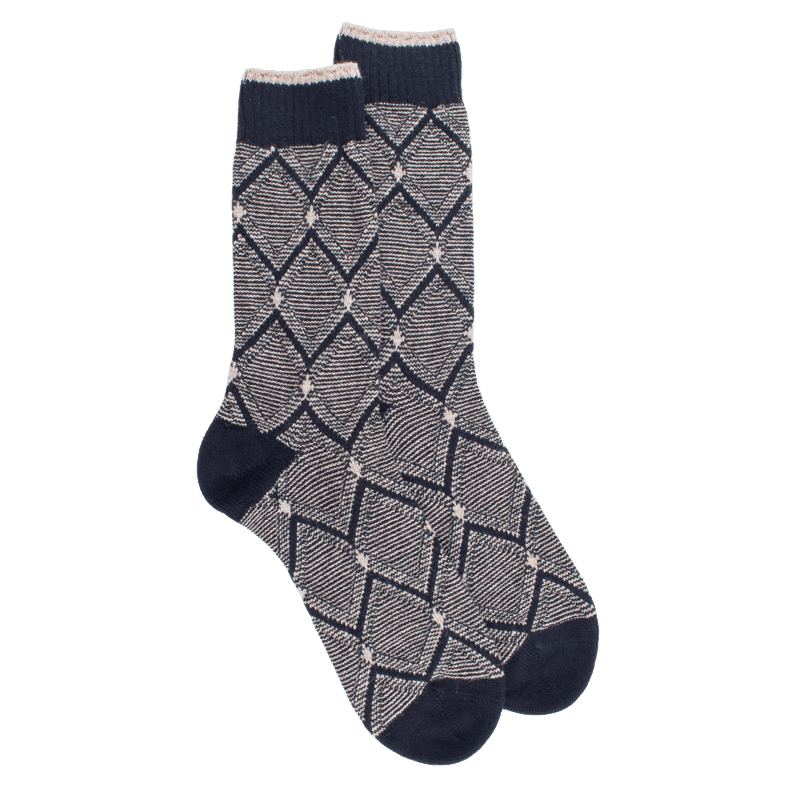 doré doré Chaussettes pour hommes en laine vierge viscose et cachemire avec motifs à losanges - Bleu marine
