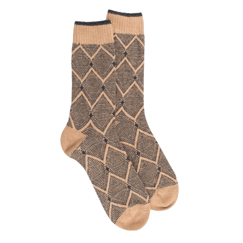 doré doré Chaussettes pour hommes en laine vierge viscose et cachemire avec motifs à losanges - Beige Désert