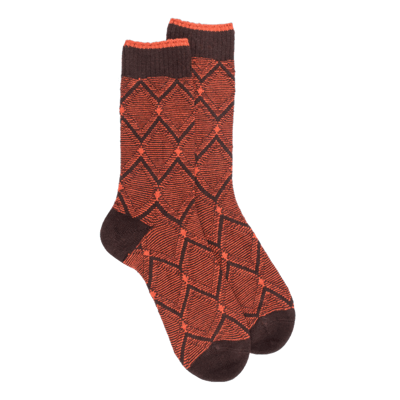 doré doré Chaussettes pour hommes en laine vierge viscose et cachemire avec motifs à losanges - Marron Chocolat