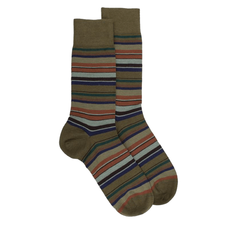 doré doré Chaussettes rayures fines multicolores en laine mérinos - Vert lichen & gris-vert fer