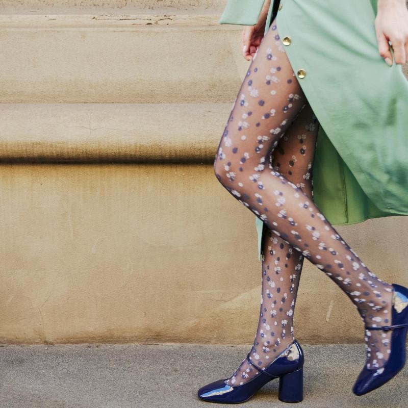 Doré Doré Collants Femme Mats 20 Deniers Avec Motifs Fleurs - Bleu Matelot
