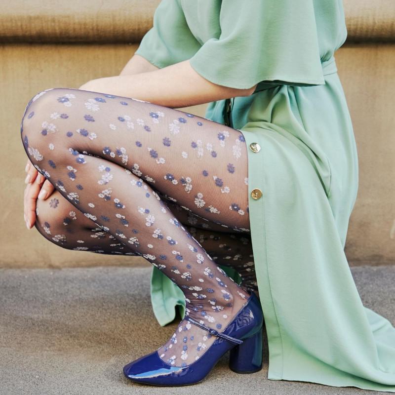Doré Doré Collants Femme Mats 20 Deniers Avec Motifs Fleurs - Bleu Matelot