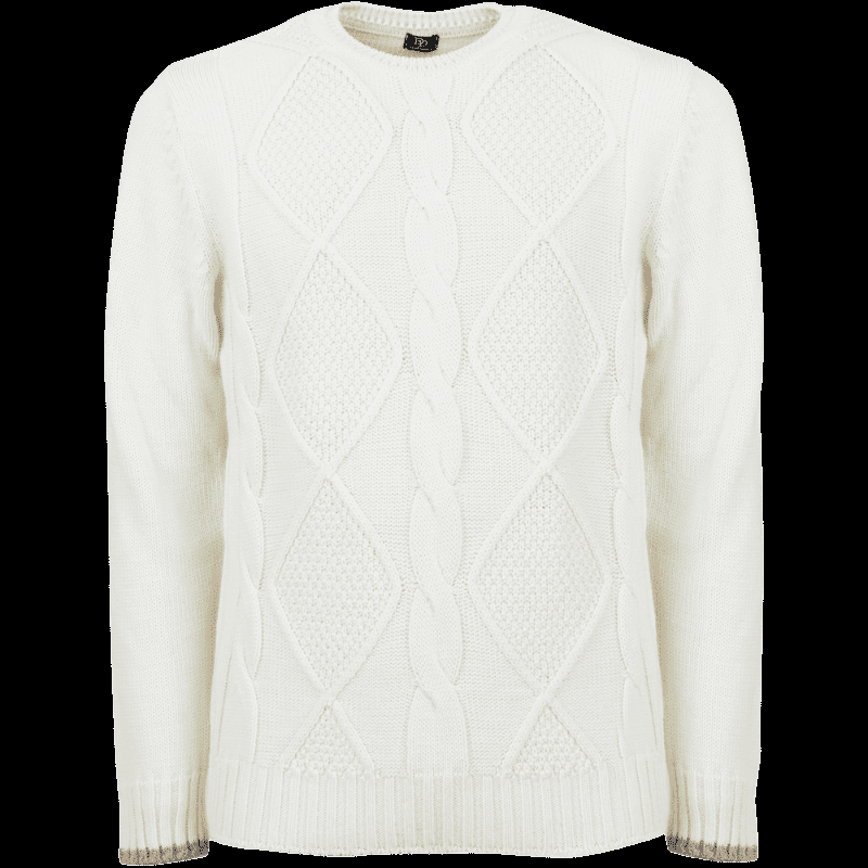 doré doré Pull à col rond en laine et alpaga avec tresses tricotées - Ecru & Blanc grive