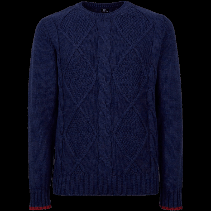 doré doré Pull à col rond en laine et alpaga avec tresses tricotées - Bleu caban & Rouge brique