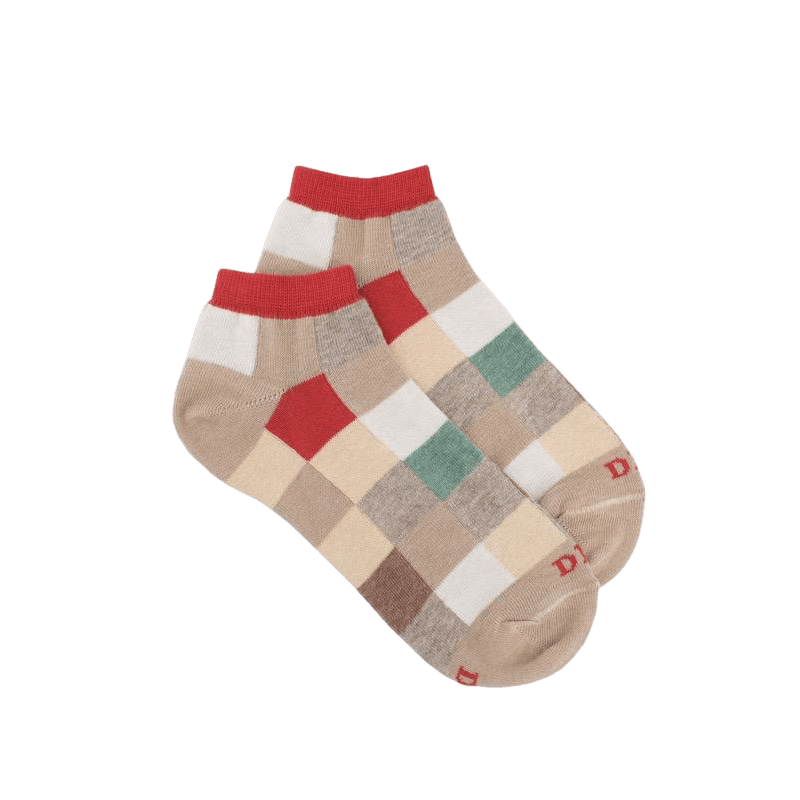 doré doré Socquettes enfant à carreaux en coton - Beige Grège & Rouge Ponceau