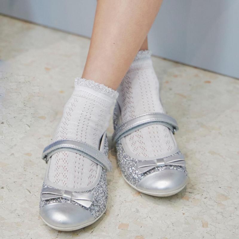 Doré Doré Socquettes Enfant Ajourées En Fil D'Ecosse Avec Bord-côte Contrasté Effet Lurex - Col: Blanc