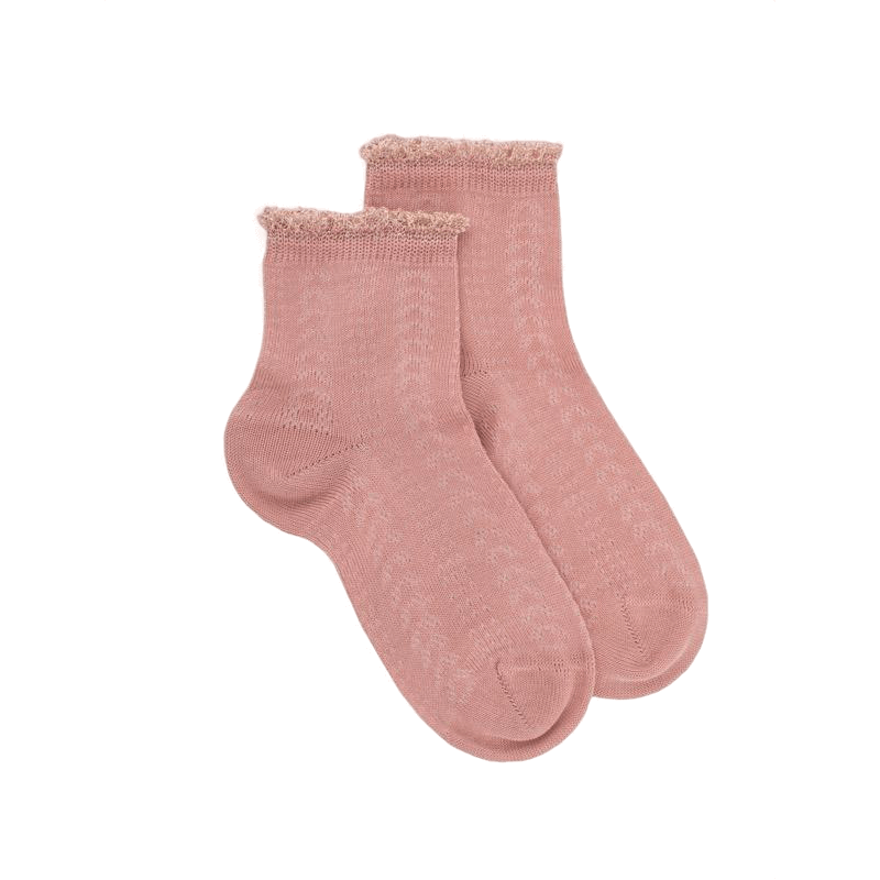 Doré Doré Socquettes Enfant Ajourées En Fil D'Écosse Avec Bord-côte Contrasté Effet Brillant - Rose Praline