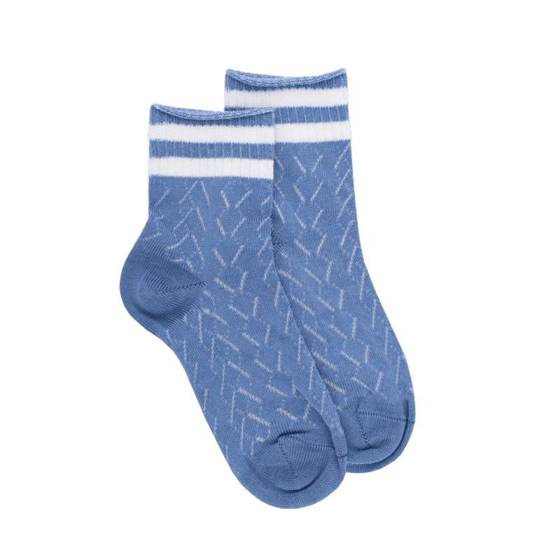 doré doré Socquettes enfant ajourées en fil d'Écosse avec rayures en contrasté sur bord-côte - Bleu Bassin & Blanc