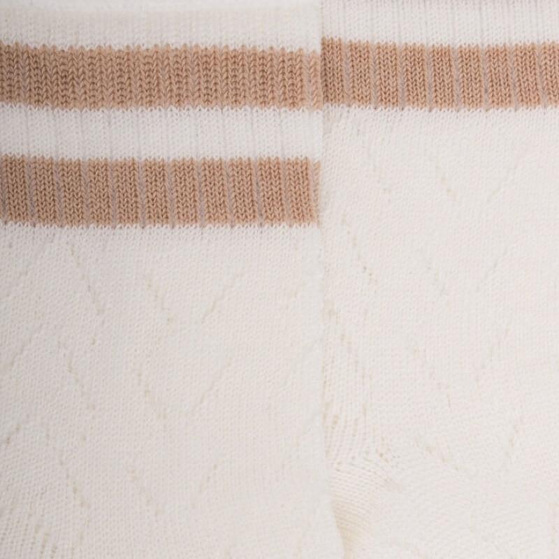 Doré Doré Socquettes Enfant Ajourées En Fil D'Écosse Avec Rayures En Contrasté Sur Bord-côte - Blanc Givre & Beige Sable