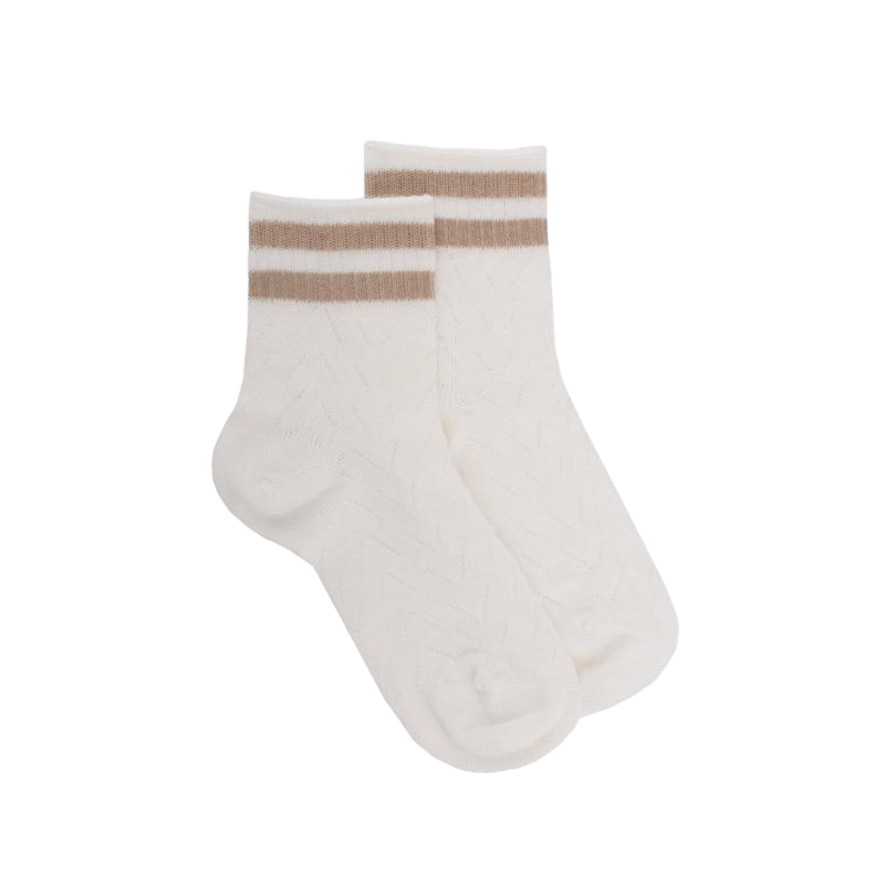 doré doré Socquettes enfant ajourées en fil d'Écosse avec rayures en contrasté sur bord-côte - Blanc Givre & Beige sable