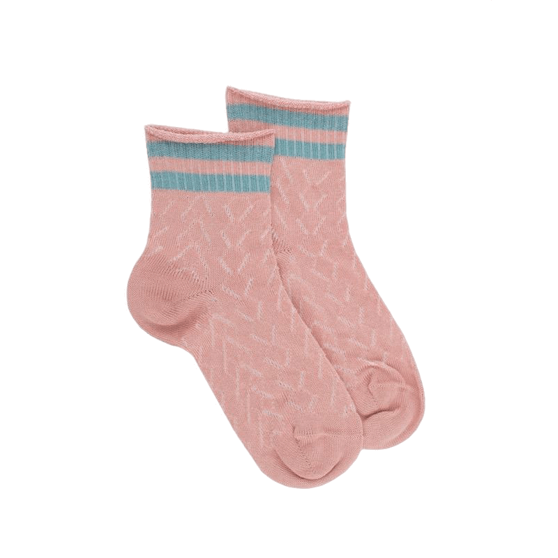 doré doré Socquettes enfant ajourées en fil d'Écosse avec rayures en contrasté sur bord-côte - Rose Praline & Vert Plantain