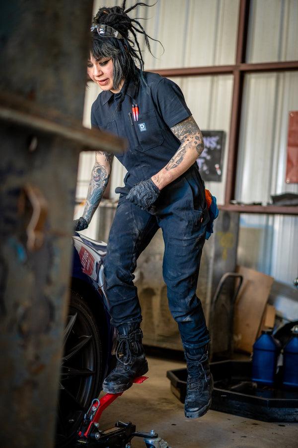 dovetail workwear Hadley Short Sleeve Coveralls in Sulfur Navy