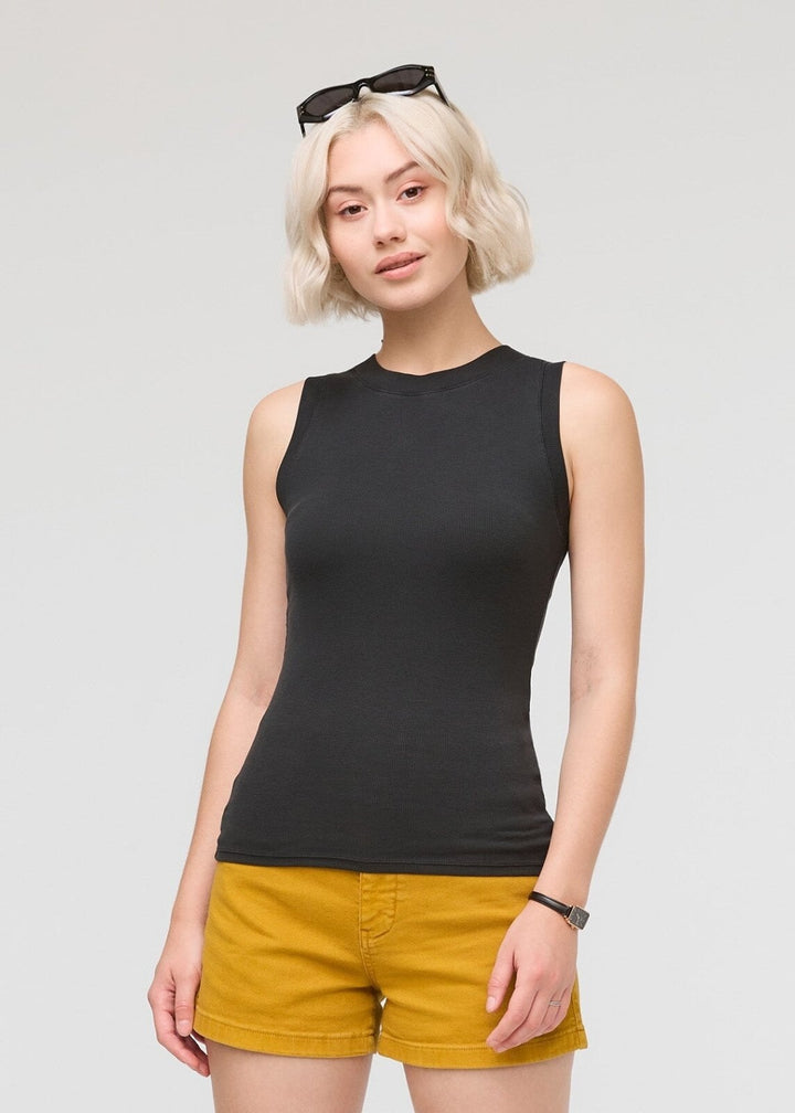 duer Ribbed Pima High Neck Tank - Black