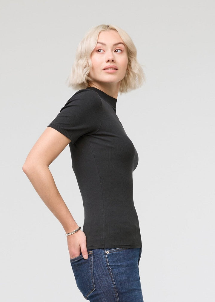 Duer Ribbed Pima Mock Neck Tee - Black