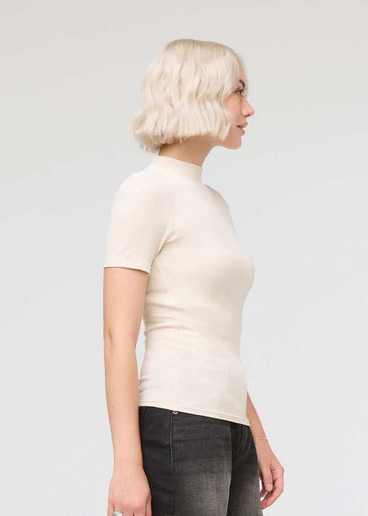 Duer Ribbed Pima Mock Neck Tee - Ecru