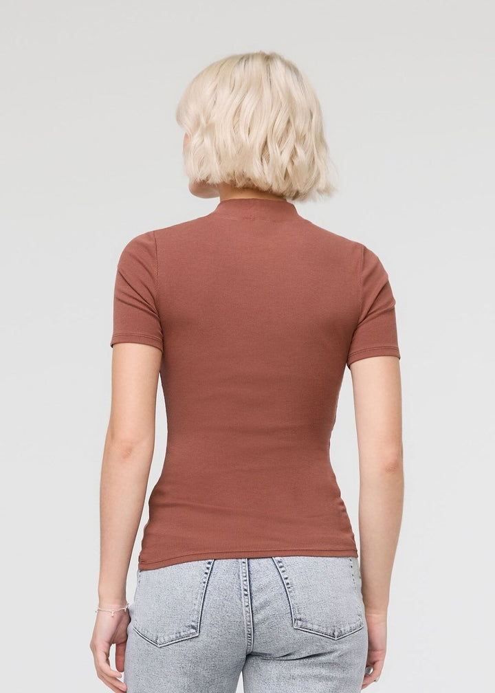 Duer Ribbed Pima Mock Neck Tee - Rust
