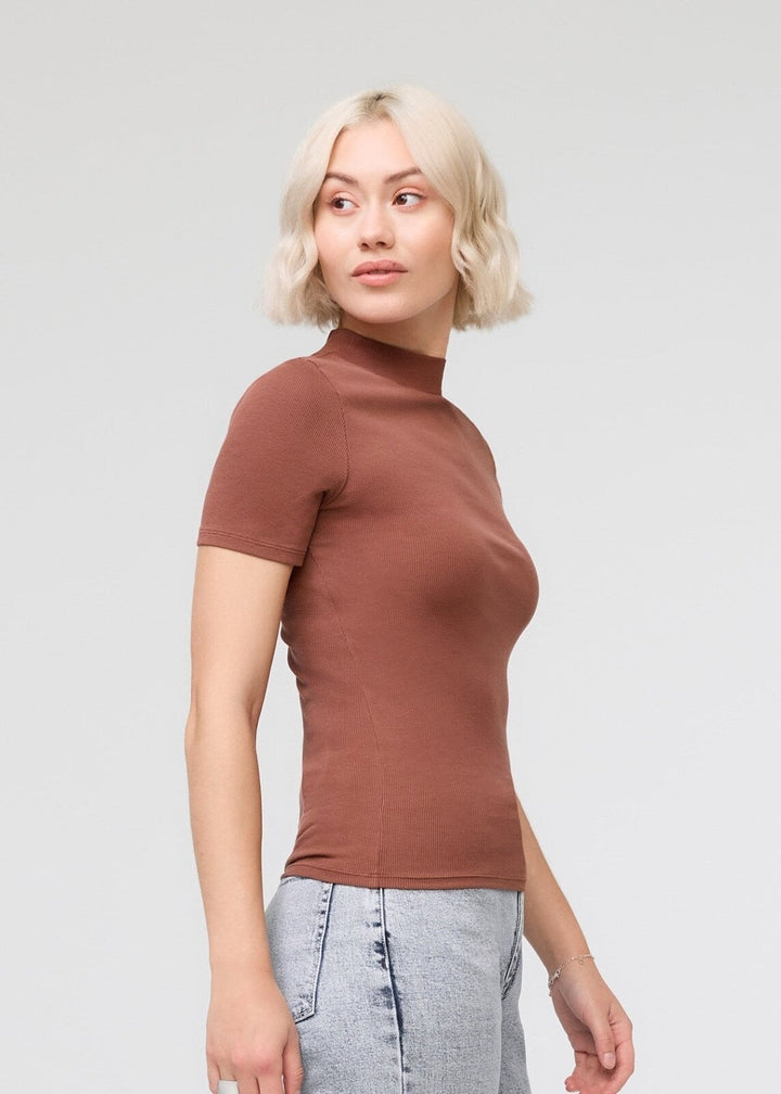 Duer Ribbed Pima Mock Neck Tee - Rust
