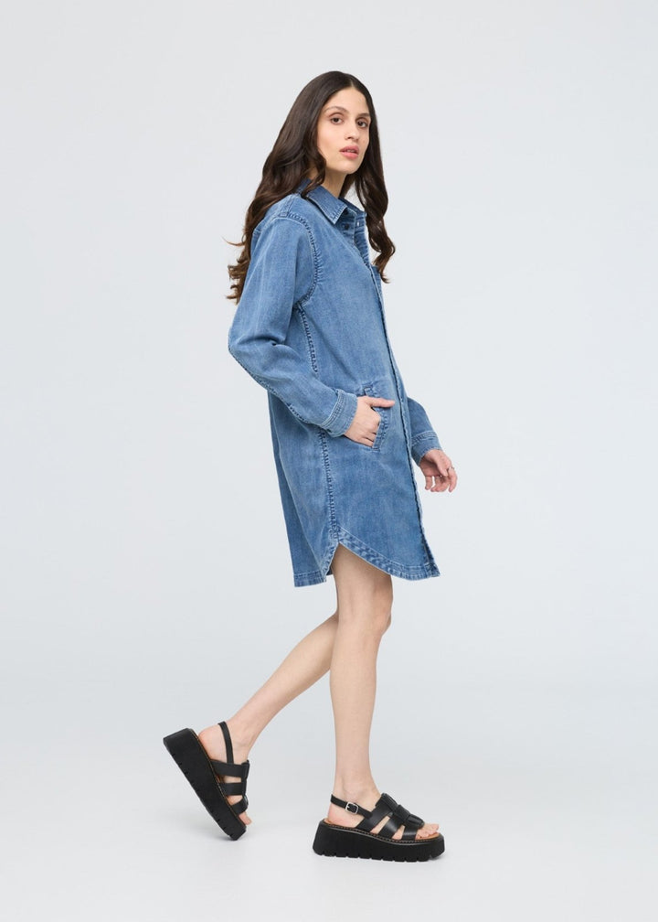 Duer Performance Denim Lite Shirt Dress - Washed Indigo