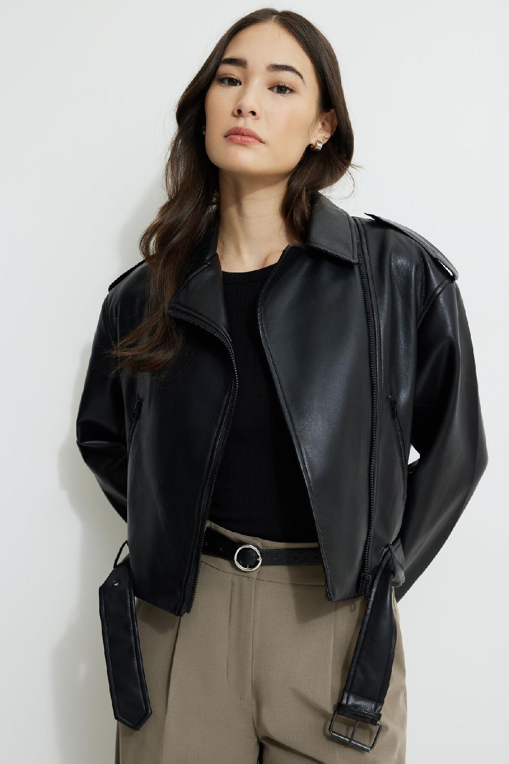 dynamite Blouson de moto en faux cuir avec ceinture