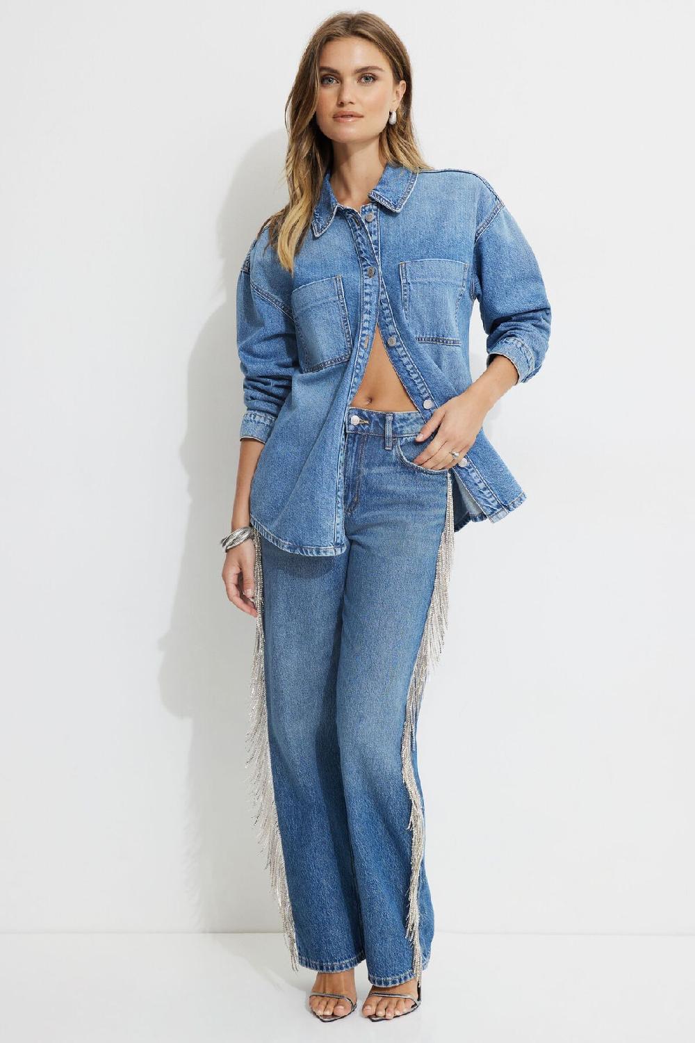 dynamite Jean décontracté droit à franges en pierres du Rhin Mika