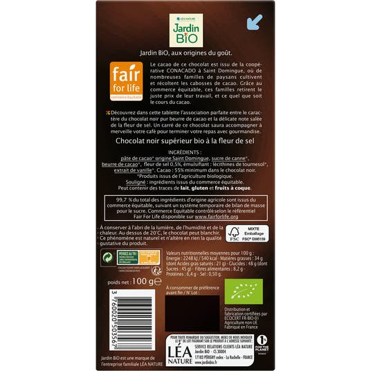 Eau Thermale Jonzac ARRET - Chocolat Noir Gourmand Pointe De Fleur De Sel - Bio
