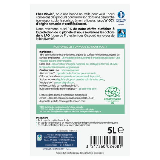 Eau Thermale Jonzac Vaisselle Et Mains Aux Huiles Essentielles De Menthe Citron Bio Super Dégraissant - Grand Format