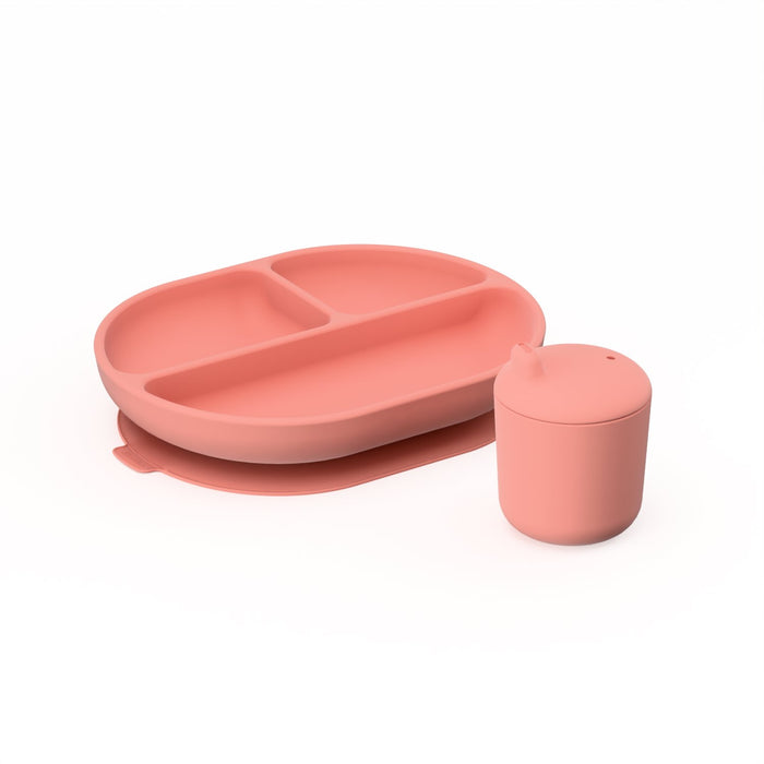 ekobo Duo Assiette compartimentée & gobelet à bec en silicone - Coral
