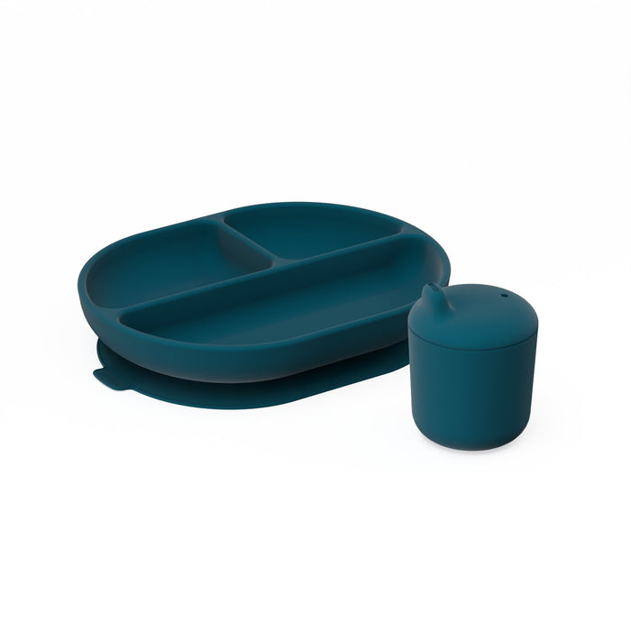 ekobo Duo Assiette compartimentée & Gobelet à bec en silicone - Blue Abyss