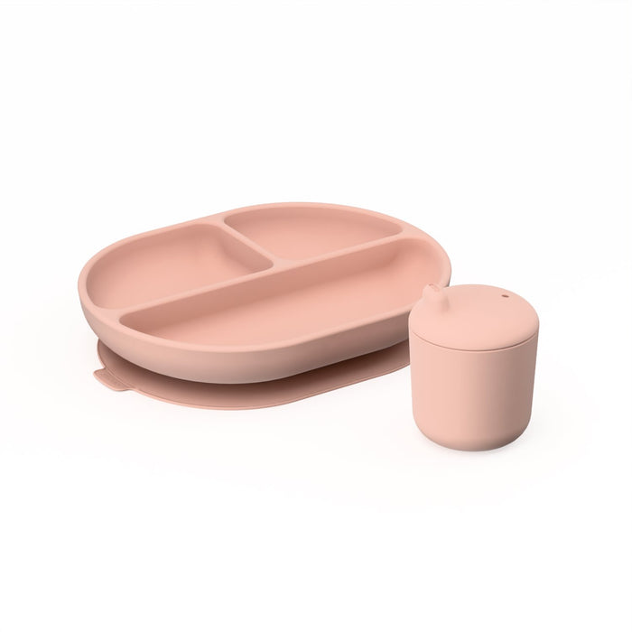 ekobo Duo Assiette compartimentée & Gobelet à bec en silicone - Blush