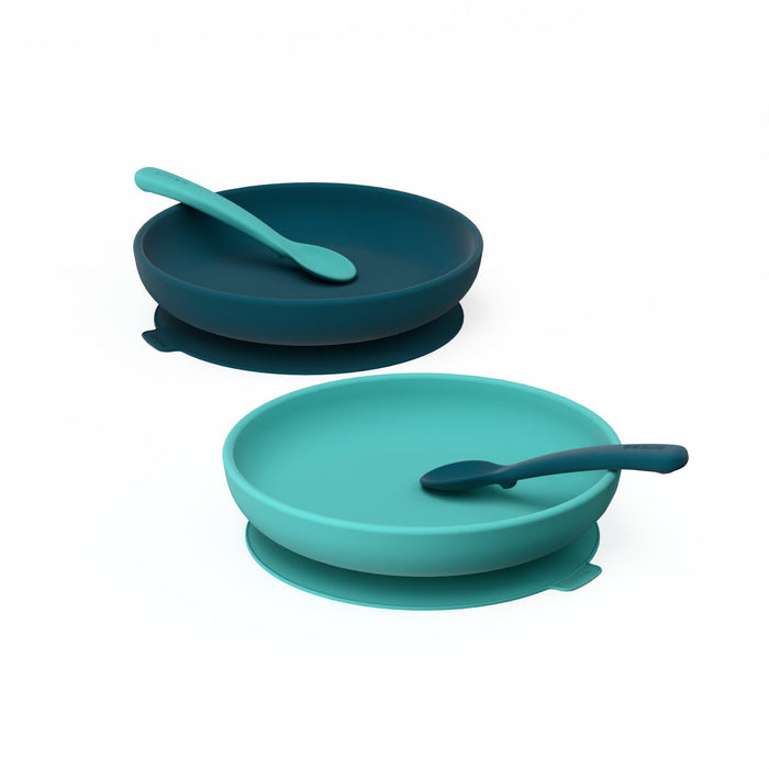ekobo Duo Assiette ventouse & Set de cuillères - Blue Abyss & Lagoon