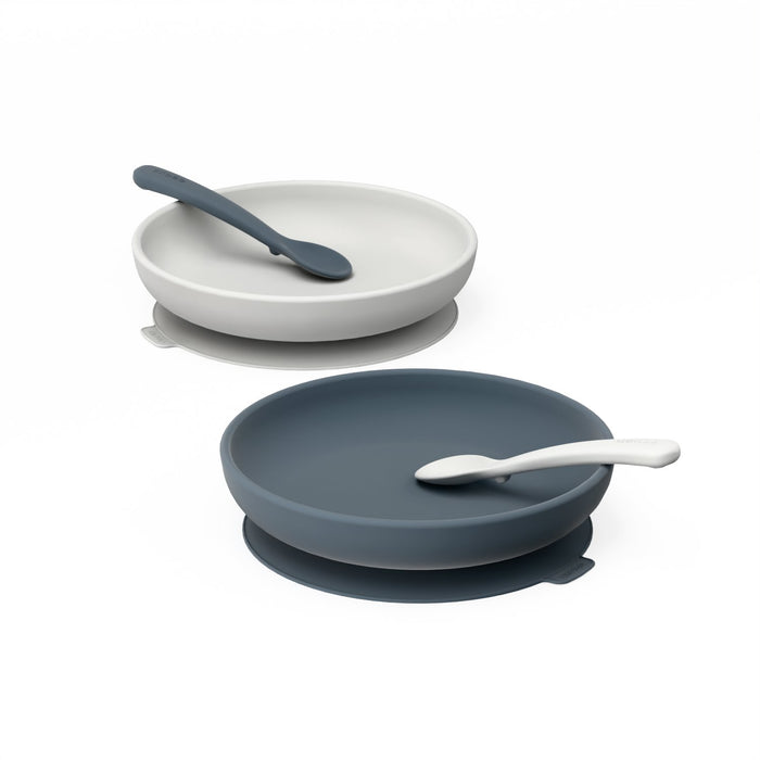 ekobo Duo Assiette ventouse & Set de cuillères - Cloud & Storm