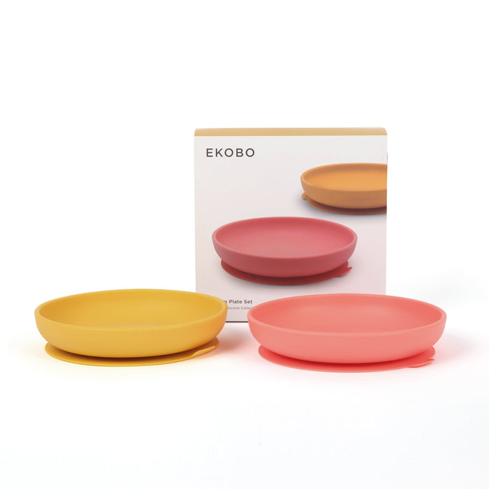 Ekobo Set 2 Assiettes Ventouses En Silicone - Mimosa / Coral